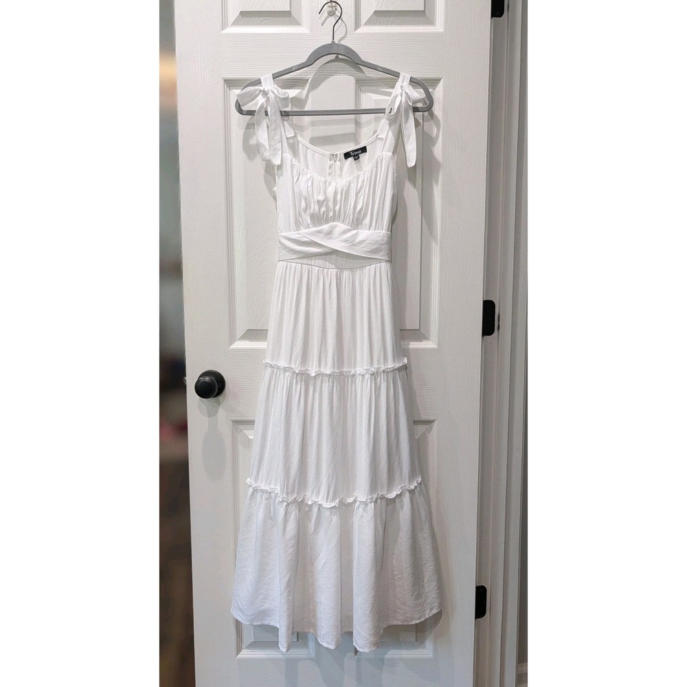 Trixxi Womens Tiered Milkmaid Midi Dress Medium Cottagecore White Coquette Bow